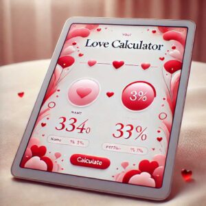  love calculator showing a heart-shaped design with two input fields for names and a button to calculate compatibility. The result displays a percentage indicating the level of love or compatibility between the two names entered."