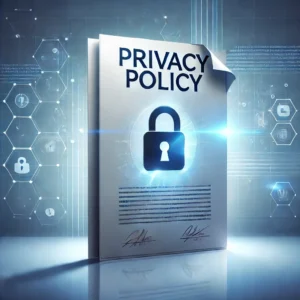 A professional and modern Privacy Policy concept image featuring a digital document labeled 'Privacy Policy' with a secure lock icon, symbolizing data protection."