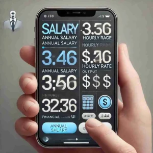 A professional Salary to Hourly Wage Calculator interface displaying fields for annual salary input, hourly rate output, and an elegant design with financial-themed icons.